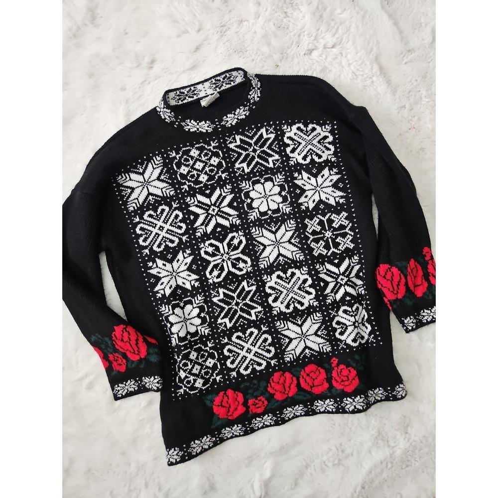 Vintage Classic Elements Nordic Rose Knit Sweater Large Black Acrylic Crewneck V